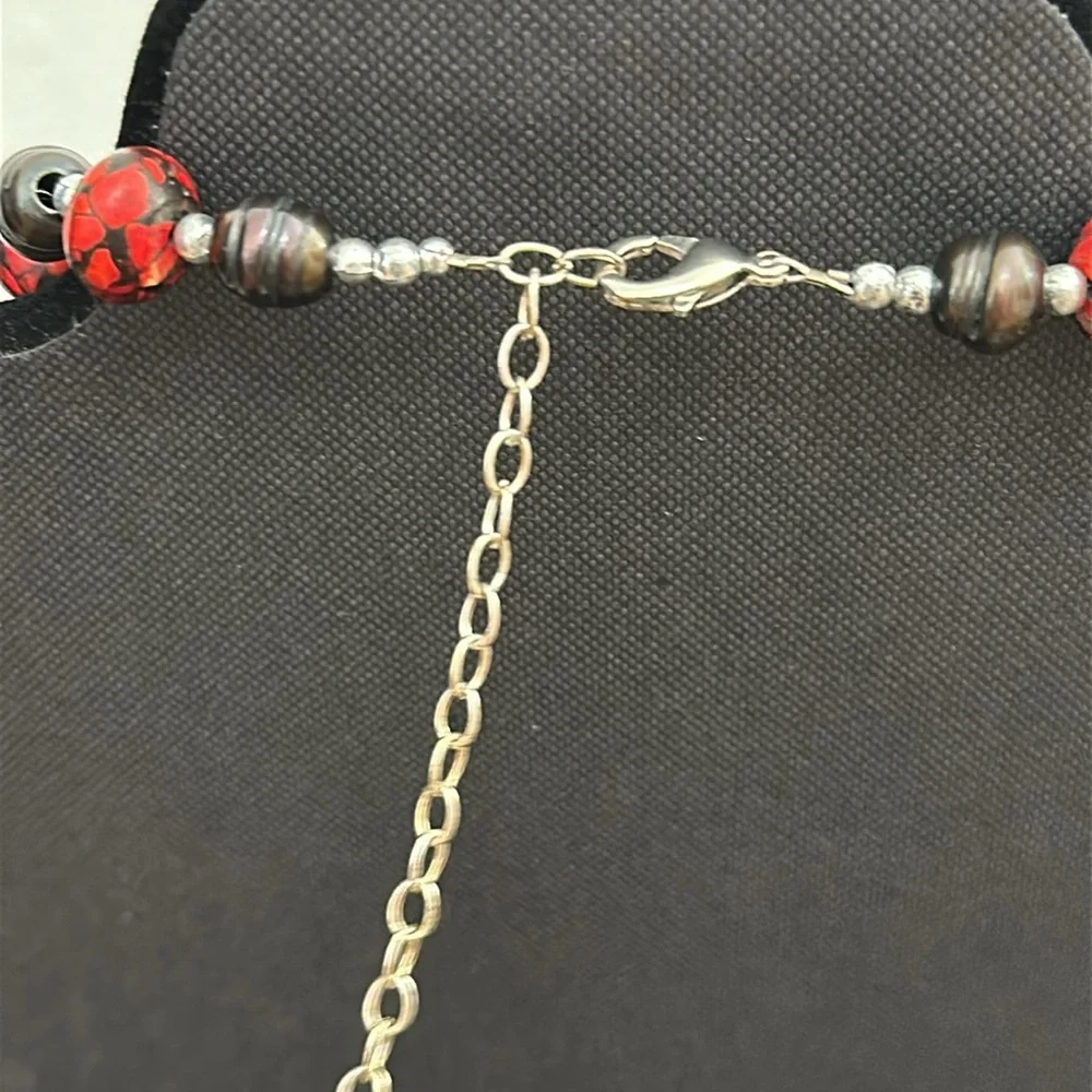 Red w/Black Glass Beads & Black Simulated Pearl Vintage Necklace